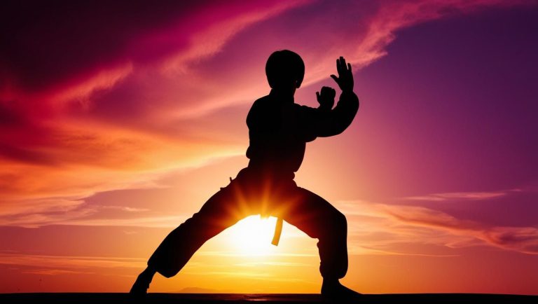 Pratique du kung-fu traditionnel au coucher du soleil – discipline et concentration