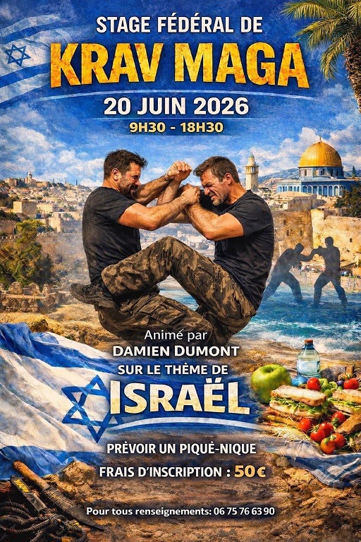 Affiche du stage fédéral de Krav-Maga le 20 juin 2026 à Val-de-Reuil, animé par Damien Dumont sur le thème d'Israël – inscription 50€