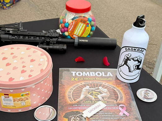 Affiche tombola DAO Krav'Mag Rolivaloise 2026 – lots à gagner, lutte contre le cancer