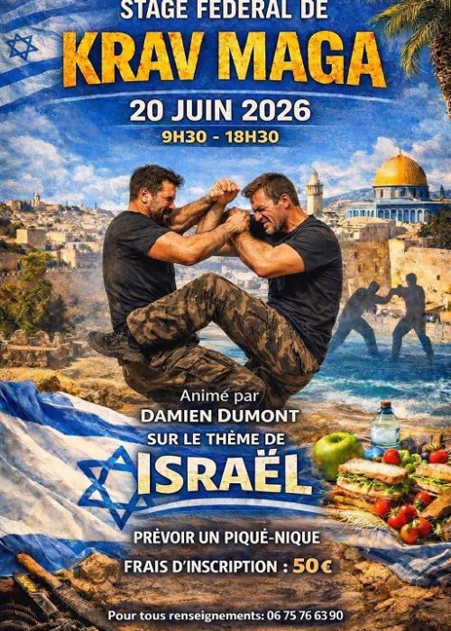 Affiche du stage fédéral de Krav-Maga le 20 juin 2026 à Val-de-Reuil, animé par Damien Dumont sur le thème d'Israël – inscription 50€
